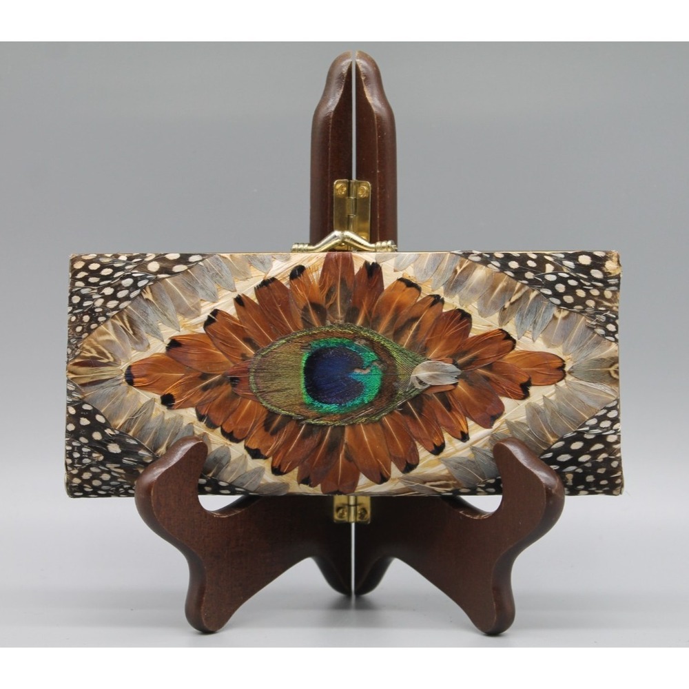 Vintage Feather Clutch Purse Peacock Feather Mosaic Evening Bag Gold Tone Frame
